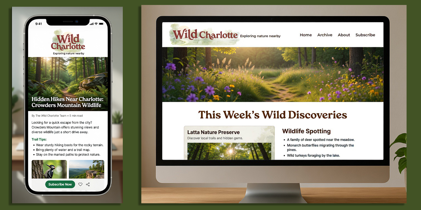 Wild Charlotte Substack newsletter — mobile and desktop previews